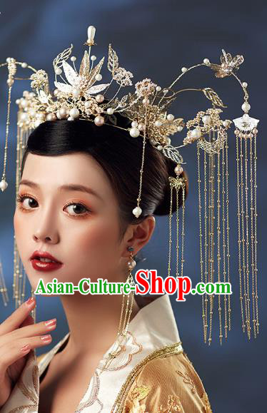 Chinese Traditional Ancient Golden Leaf Phoenix Coronet Hairpins Bride Headdress Wedding Hair Accessories for Women