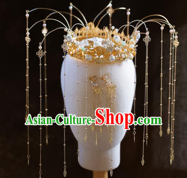 Chinese Traditional Ancient Golden Phoenix Coronet Hairpins Bride Headdress Wedding Hair Accessories for Women