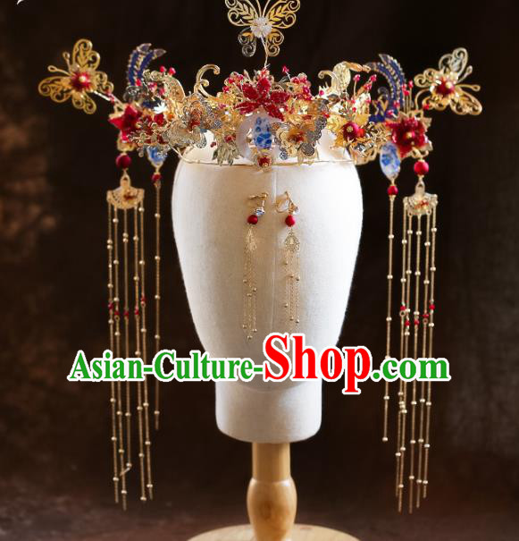 Chinese Ancient Red Pomegranate Flower Phoenix Coronet Hairpins Bride Headdress Traditional Wedding Hair Accessories for Women