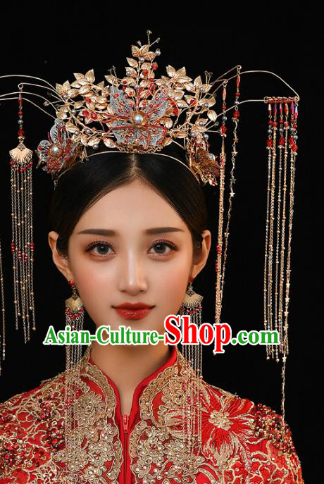 Chinese Ancient Blue Butterfly Phoenix Coronet Hairpins Bride Headdress Traditional Wedding Hair Accessories for Women