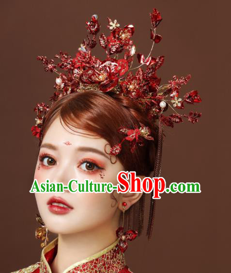 Chinese Ancient Red Flowers Phoenix Coronet Hairpins Bride Headdress Traditional Wedding Hair Accessories for Women