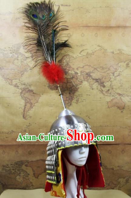 Chinese Traditional Yuan Dynasty General Argent Helmet Ancient Soldier Hat Headwear for Men