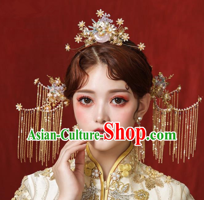 Chinese Ancient Pink Jade Hair Comb Bride Headdress Traditional Wedding Hair Accessories for Women