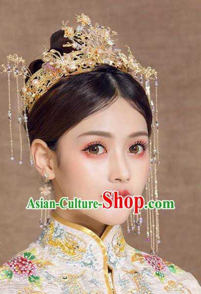 Chinese Wedding Headdress Golden Phoenix Coronet Traditional Ancient Bride Hair Accessories for Women