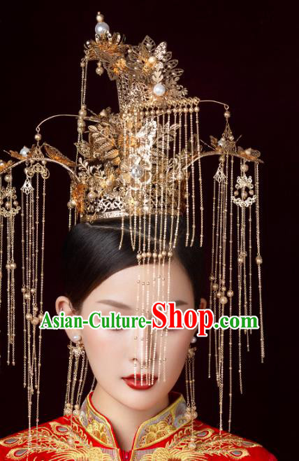 Chinese Wedding Deluxe Headdress Golden Phoenix Coronet Traditional Ancient Bride Hair Accessories for Women