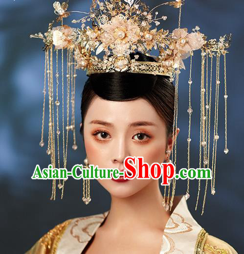 Chinese Wedding Deluxe Headdress Pink Flowers Phoenix Coronet Traditional Ancient Bride Hair Accessories for Women