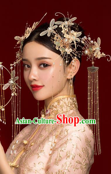 Chinese Traditional Wedding Golden Dragonfly Hair Clasp Hairpins Ancient Bride Hair Accessories for Women