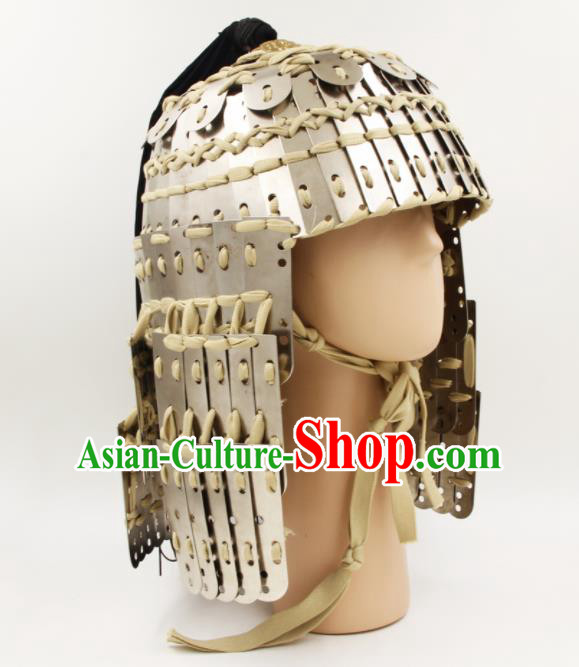 Chinese Traditional Yuan Dynasty General Helmet Ancient Soldier Argent Hat Headwear for Men