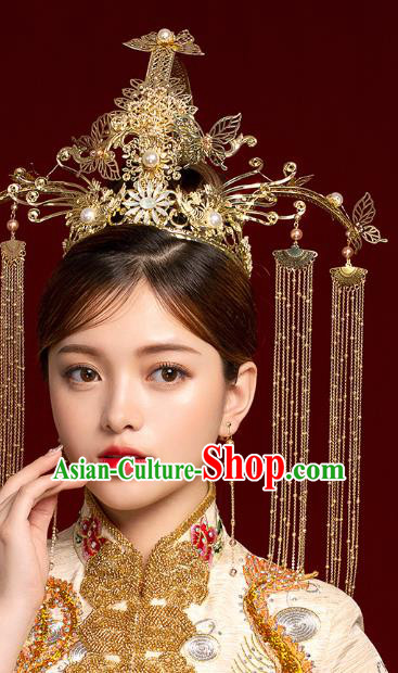 Chinese Wedding Headdress Golden Deluxe Phoenix Coronet Traditional Ancient Bride Hair Accessories for Women