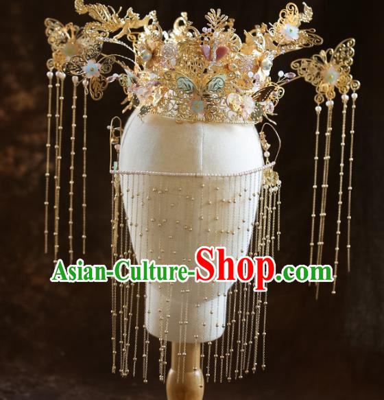 Chinese Ancient Bride Headdress Golden Butterfly Hairpins Phoenix Coronet Traditional Wedding Hair Accessories for Women