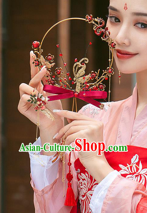 Chinese Traditional Red Ribbon Bowknot Palace Fans Handmade Classical Hanfu Wedding Fan for Women