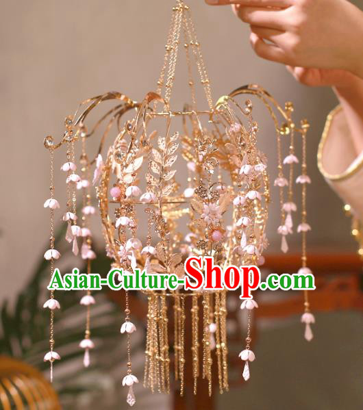 Chinese Ancient Wedding Bridal Portable Lantern Traditional Bride Pink Flowers Tassel Lanterns for Women