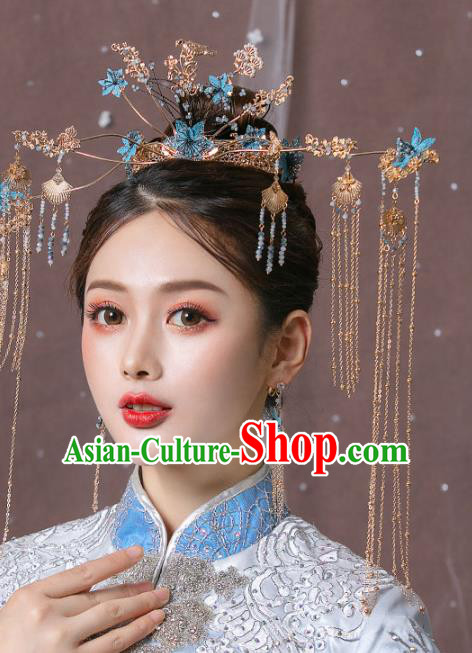 Chinese Ancient Bride Headdress Blue Flowers Phoenix Coronet Traditional Wedding Hair Accessories for Women