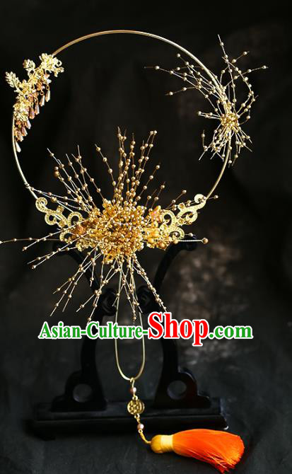 Chinese Traditional Bride Golden Beads Palace Fans Handmade Classical Hanfu Wedding Fan for Women