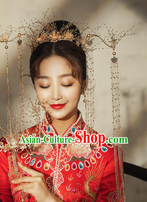 Chinese Wedding Golden Beads Phoenix Coronet Headdress Traditional Ancient Bride Hair Accessories for Women