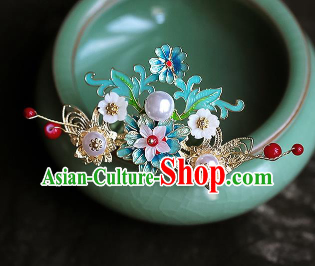 Chinese Ancient Hanfu Blue Flowers Hair Comb Traditional Bride Hair Accessories for Women