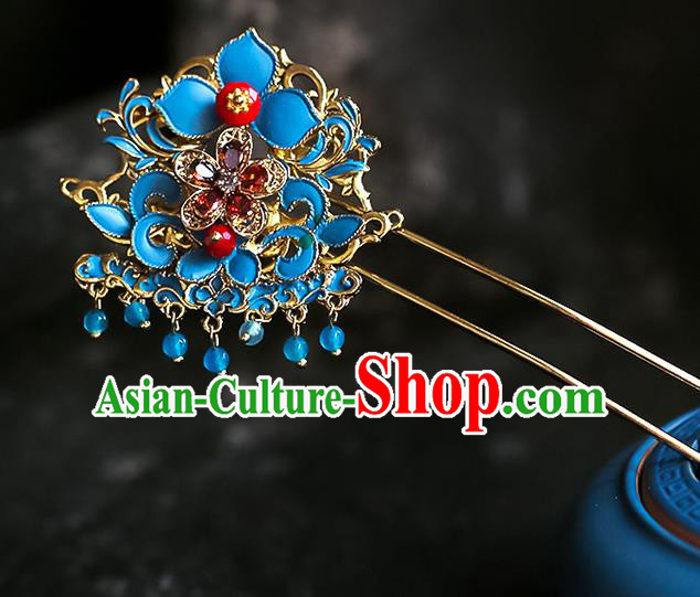 Chinese Ancient Hanfu Blue Hairpin Traditional Bride Hair Accessories for Women