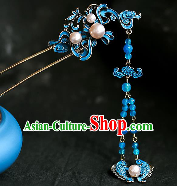 Chinese Ancient Hanfu Blue Fishes Tassel Hairpin Traditional Bride Hair Accessories for Women