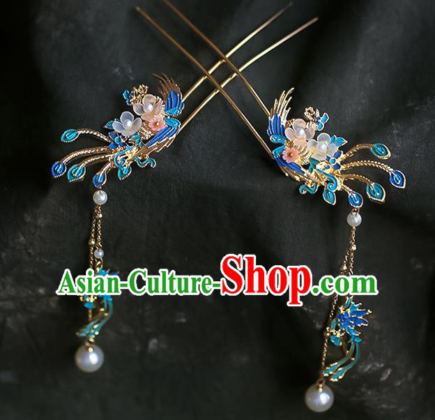 Chinese Ancient Hanfu Blue Phoenix Tassel Hairpins Traditional Bride Hair Accessories for Women