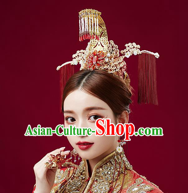 Chinese Wedding Red Crystal Pine Phoenix Coronet Headdress Traditional Ancient Bride Hair Accessories for Women