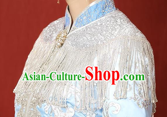 Chinese Ancient Wedding Bride Tassel Grey Shoulder Accessories Traditional Xiuhe Suit Cappa for Women