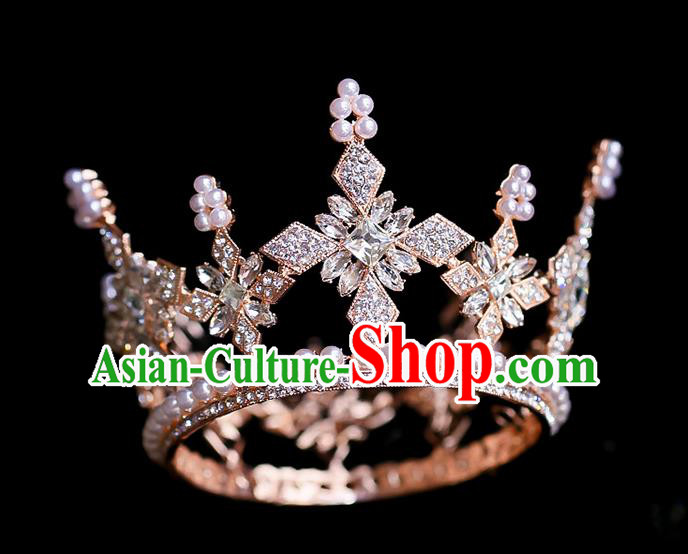 Top Grade Baroque Princess Champagne Crystal Round Royal Crown Wedding Queen Hair Accessories for Women