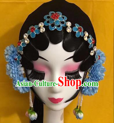 Traditional Chinese Beijing Opera Blue Hairpins Headdress Peking Opera Diva Hair Accessories for Women