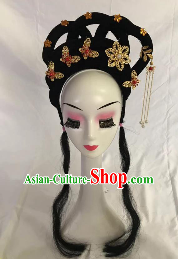 Traditional Chinese Opera Wig Sheath and Butterfly Hairpins Headdress Peking Opera Diva Hair Accessories for Women