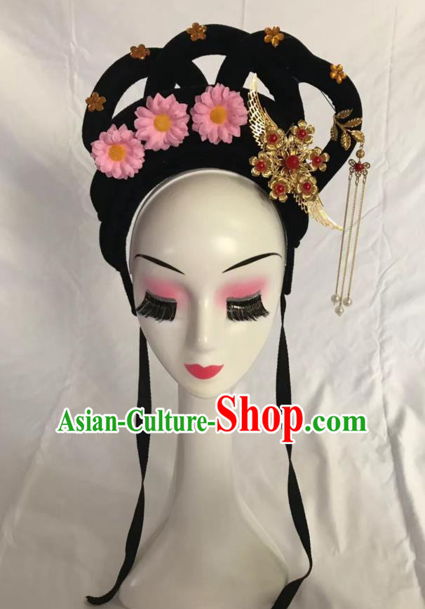 Traditional Chinese Opera Wig Sheath and Pink Flower Hairpins Headdress Peking Opera Diva Hair Accessories for Women