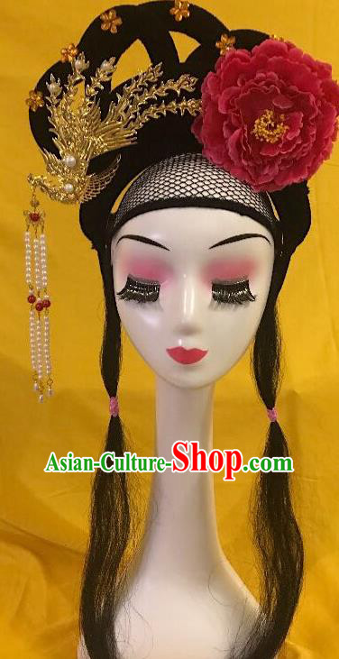 Traditional Chinese Opera Goddess Wig Sheath and Red Peony Hairpins Headdress Peking Opera Diva Hair Accessories for Women