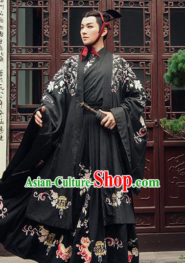 Chinese Ancient Emperor Embroidered Black Clothing Traditional Qin Dynasty Royal Prince Historical Costume Complete Set for Men