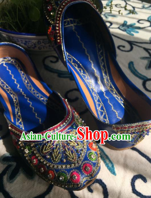 Asian India Traditional Bride Embroidered Leaf Royalblue Leather Shoes Indian Handmade Shoes for Women