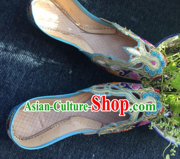 Asian India Traditional Embroidered Blue Leather Shoes Indian Handmade Shoes for Women