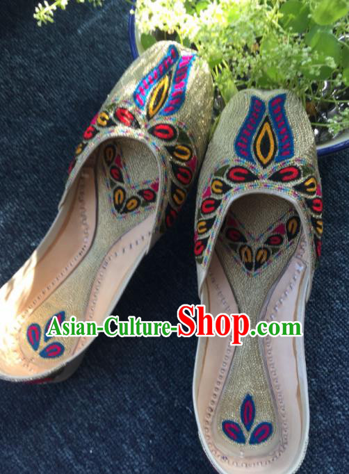 Asian India Traditional Embroidered Light Golden Leather Shoes Indian Handmade Shoes for Women