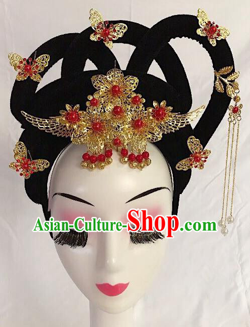 Traditional Chinese Opera Lady Wig Sheath and Golden Hairpins Headdress Peking Opera Diva Hair Accessories for Women