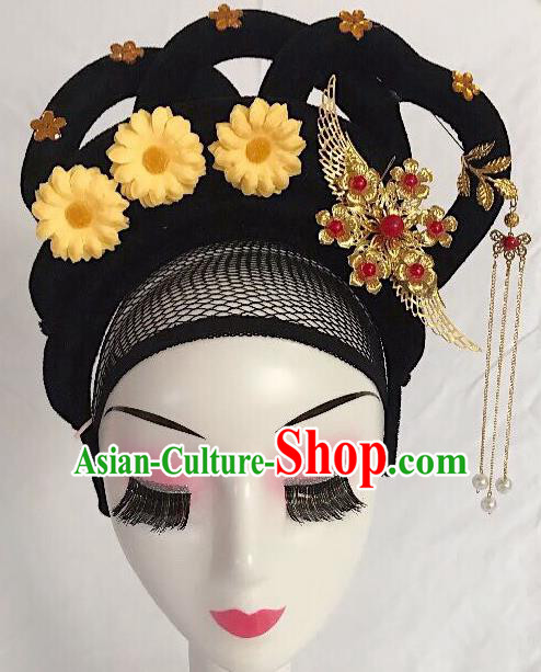Traditional Chinese Opera Lady Wig Sheath and Yellow Flower Hairpins Headdress Peking Opera Diva Hair Accessories for Women