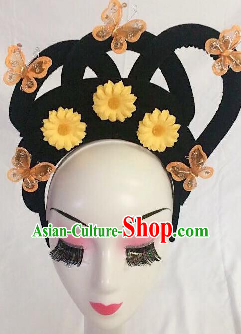 Traditional Chinese Opera Lady Wig Sheath and Orange Butterfly Hairpins Headdress Peking Opera Diva Hair Accessories for Women