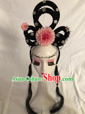 Traditional Chinese Opera Goddess Wig Sheath and Pink Peony Hairpins Headdress Peking Opera Diva Hair Accessories for Women