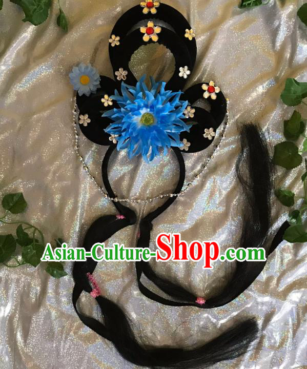 Traditional Chinese Opera Goddess Wig Sheath and Blue Peony Hairpins Headdress Peking Opera Diva Hair Accessories for Women