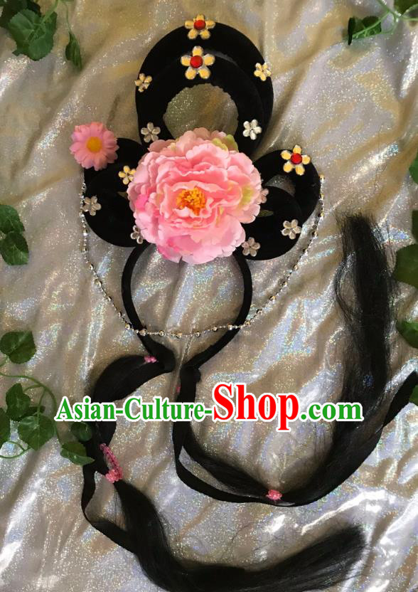 Traditional Chinese Opera Goddess Wig and Pink Peony Hairpins Headdress Peking Opera Diva Hair Accessories for Women