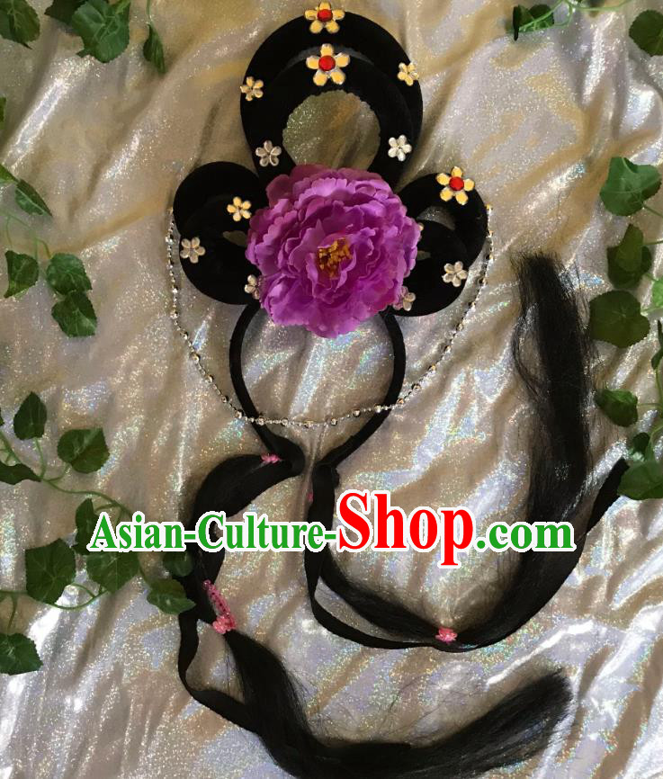 Traditional Chinese Opera Goddess Wig and Purple Peony Hairpins Headdress Peking Opera Diva Hair Accessories for Women