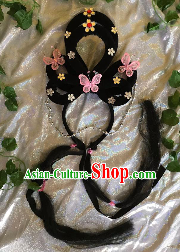 Traditional Chinese Opera Goddess Wig and Light Pink Butterfly Hairpins Headdress Peking Opera Diva Hair Accessories for Women