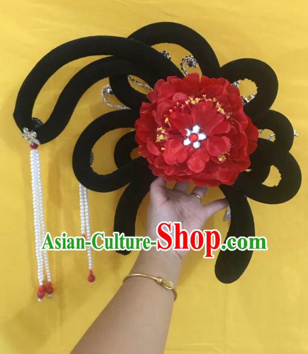 Traditional Chinese Opera Wig Chignon Red Peony Hairpins Headdress Peking Opera Diva Hair Accessories for Women