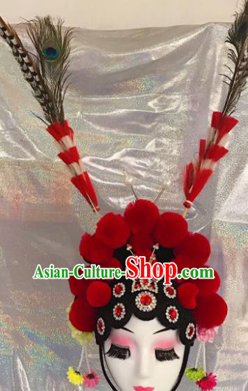 Traditional Chinese Opera Blades Red Phoenix Coronet Headdress Peking Opera Diva Hair Accessories for Kids