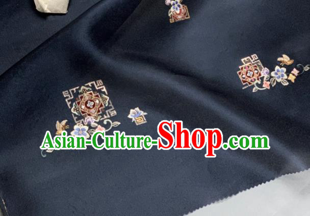Chinese Traditional Classical Embroidered Pattern Design Navy Silk Fabric Asian Hanfu Material