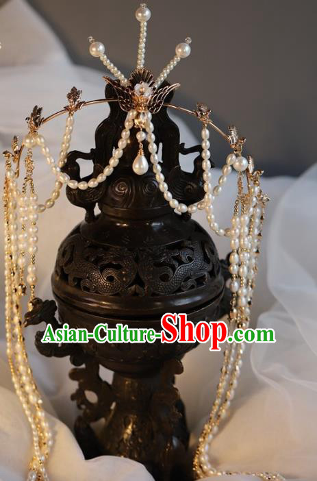 Traditional Chinese Ming Dynasty Pearls Tassel Phoenix Hair Crown Headdress Ancient Queen Hair Accessories for Women