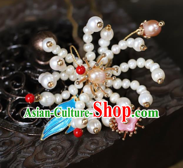 Traditional Chinese Handmade Pearls Chrysanthemum Hairpin Headdress Ancient Hanfu Hair Accessories for Women
