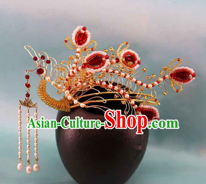 Traditional Chinese Handmade Golden Phoenix Tassel Hairpins Headdress Ancient Hanfu Hair Accessories for Women