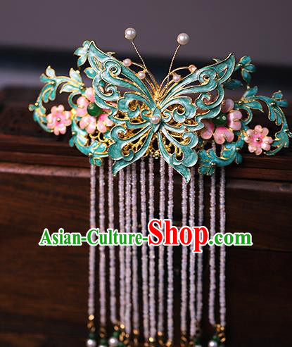 Traditional Chinese Qing Dynasty Blue Butterfly Tassel Hair Comb Headdress Ancient Queen Hair Accessories for Women