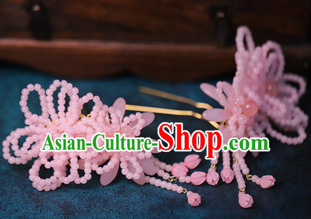 Traditional Chinese Handmade Pink Beads Tassel Hairpins Headdress Ancient Hanfu Hair Accessories for Women